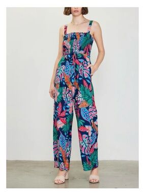 Skies Are Blue Floral Tropical Navy Wide-Leg Jumpsuit